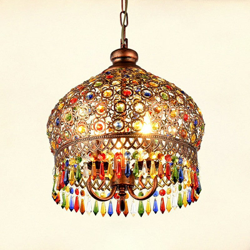 Vintage Iron Pendant Light Fixture With Crystal Accent - 3 Heads Copper