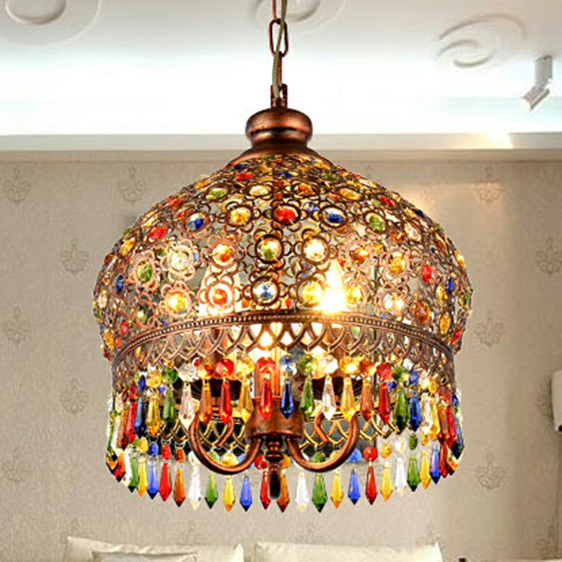 Vintage Iron Pendant Light Fixture With Crystal Accent - 3 Heads