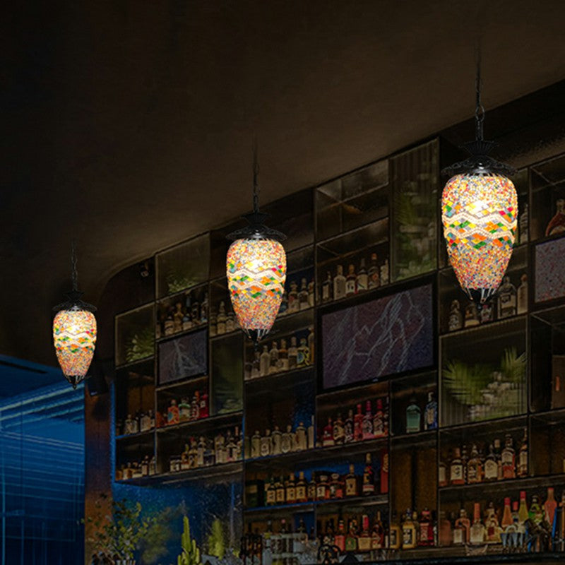 Retro Style Mosaic Stained Glass Hanging Light For Bars - Single-Bulb Ceiling Lighting Beige
