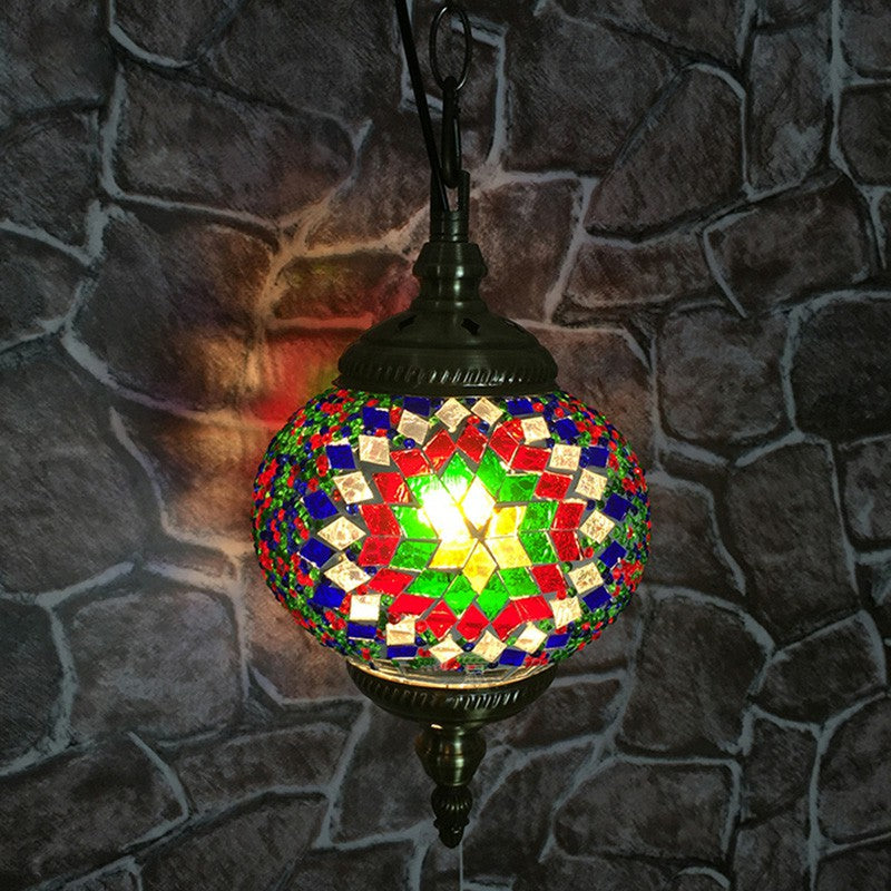 Classic Oblate Stained Glass Ceiling Pendant Light - Restaurant Hanging Lamp With 1 Bulb Blue-Green