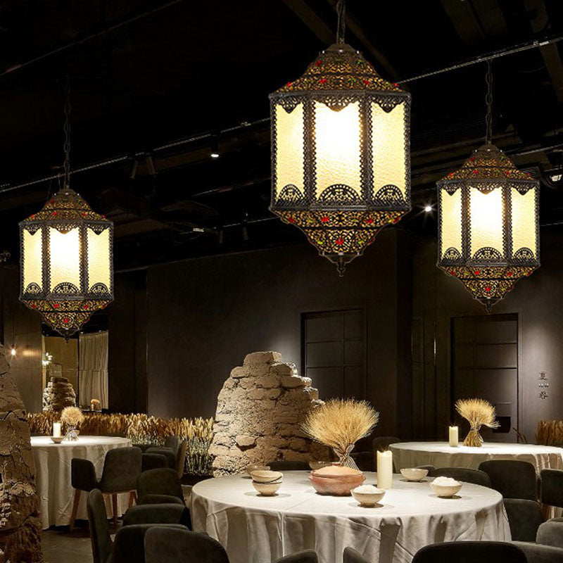 Vintage Carved Lantern Pendant Light With Metallic Suspension - 3 Heads Bronze