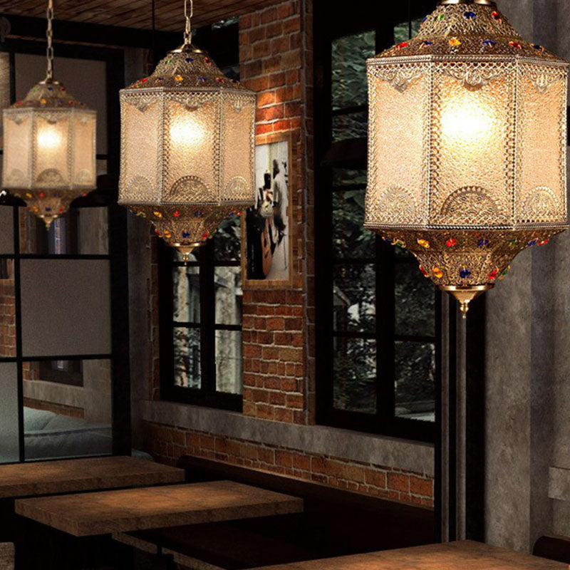 Vintage Carved Lantern Pendant Light With Metallic Suspension - 3 Heads Bronze