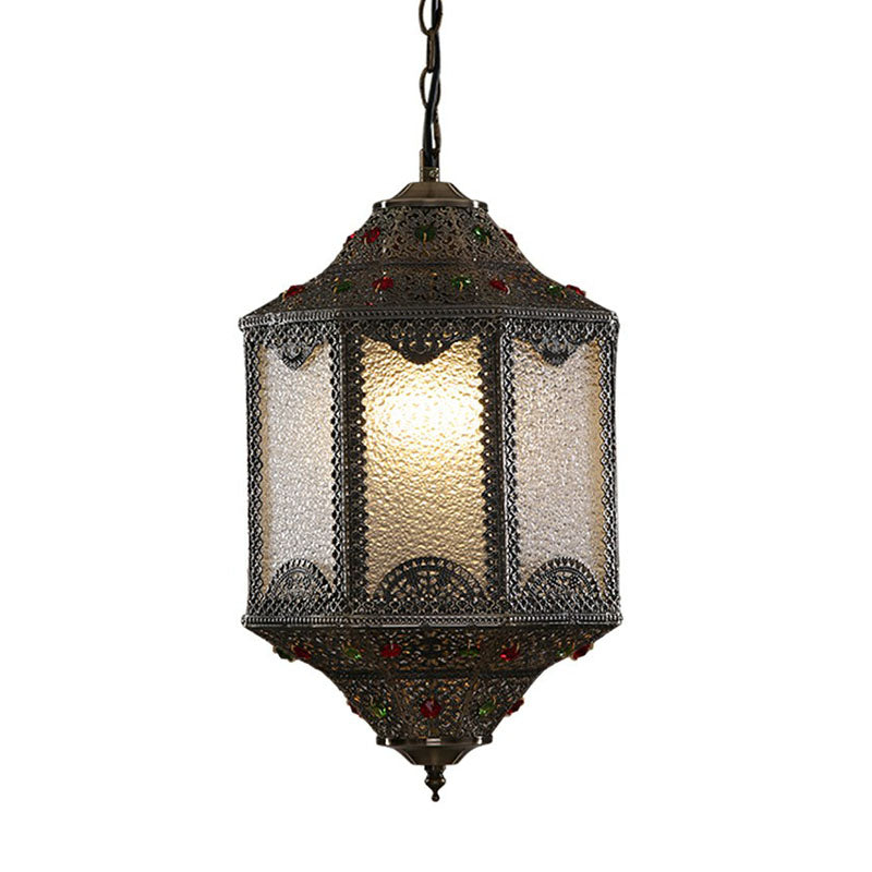 Vintage Carved Lantern Pendant Light With Metallic Suspension - 3 Heads Bronze