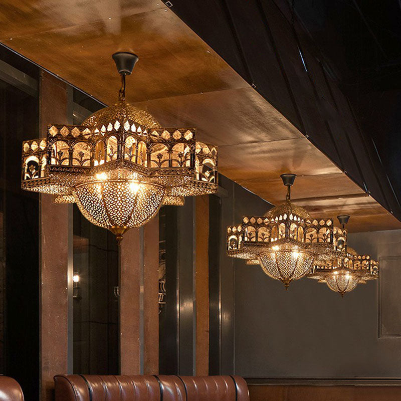 Hollow Out Pendant Light Vintage 8 Bulbs Suspension Fixture In Bronze - Metallic Design Ideal For