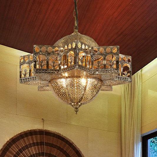 Hollow Out Pendant Light Vintage 8 Bulbs Suspension Fixture In Bronze - Metallic Design Ideal For