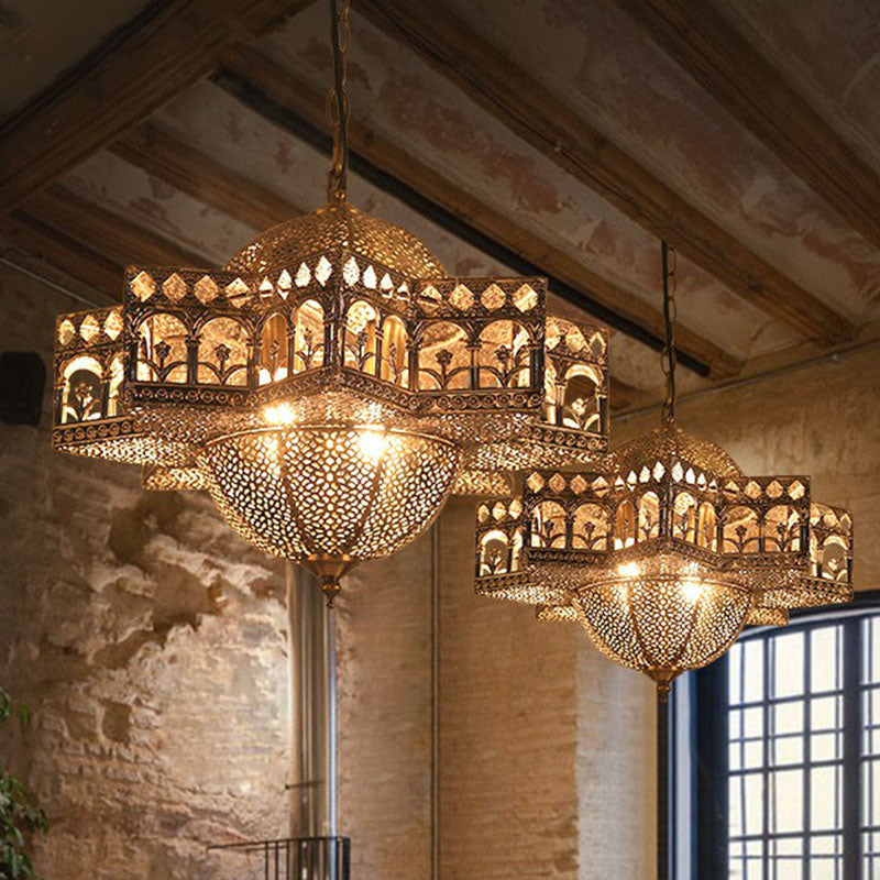 Hollow Out Pendant Light Vintage 8 Bulbs Suspension Fixture In Bronze - Metallic Design Ideal For
