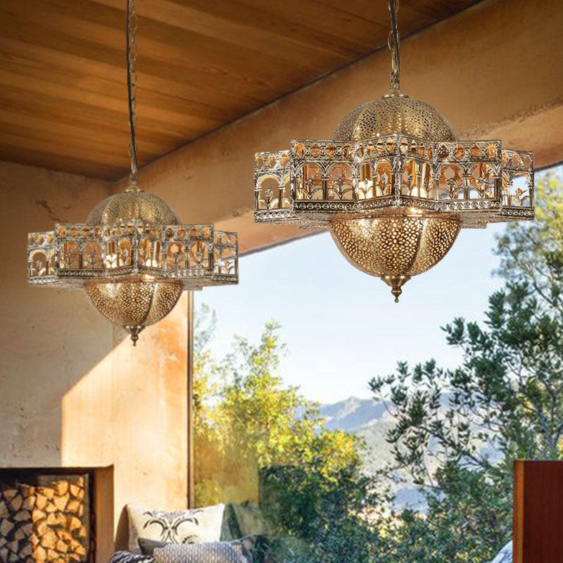 Hollow Out Pendant Light Vintage 8 Bulbs Suspension Fixture In Bronze - Metallic Design Ideal For