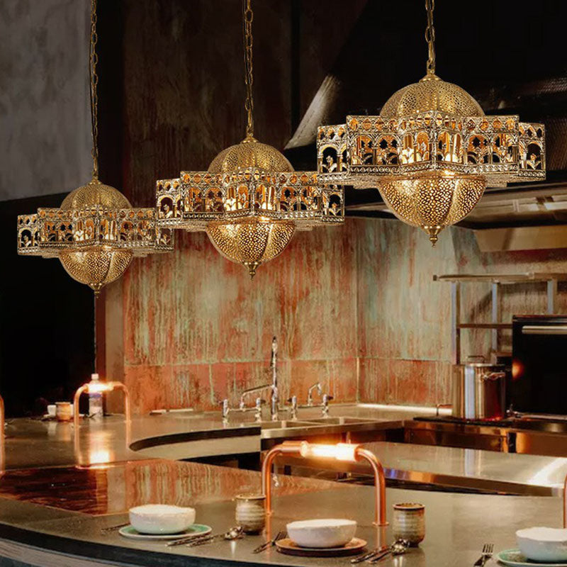 Hollow Out Pendant Light Vintage 8 Bulbs Suspension Fixture In Bronze - Metallic Design Ideal For