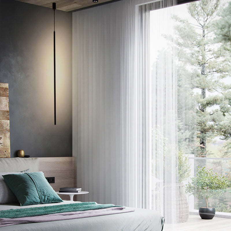 Minimalist Black LED Pendant Light with Acrylic Pole for Bedside Suspension