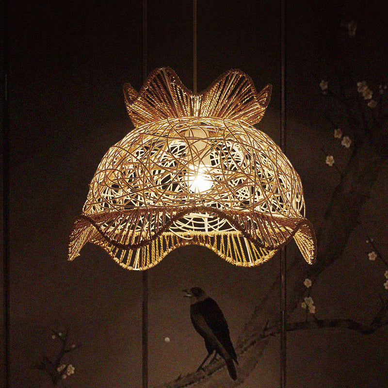 Margot - Plafonnier festonné en bois asiatique Lampe suspendue en rotin à 1 tête de style asiatique pour restaurant