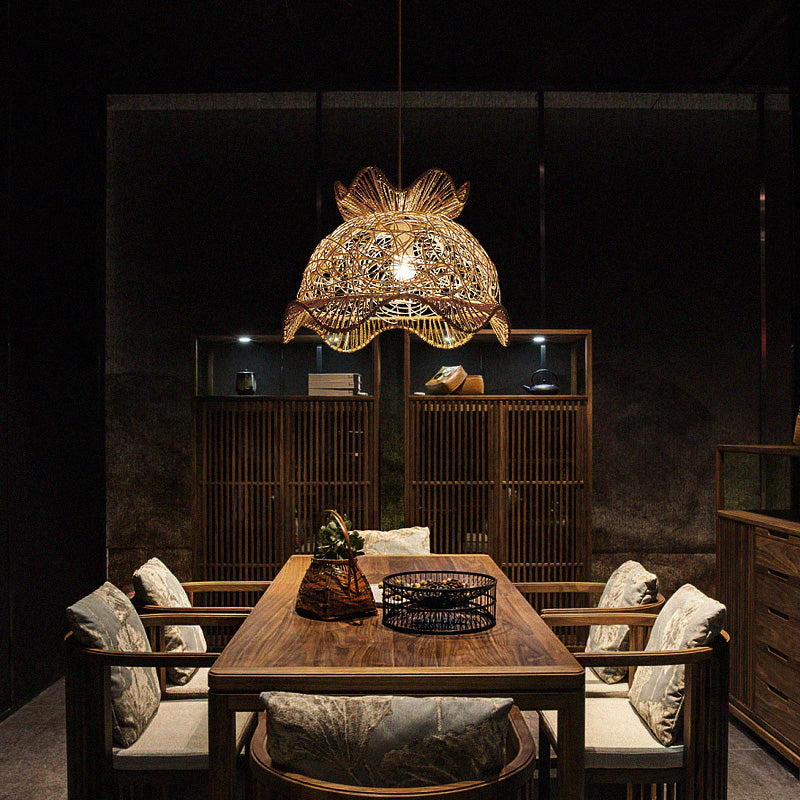 Margot - Plafonnier festonné en bois asiatique Lampe suspendue en rotin à 1 tête de style asiatique pour restaurant