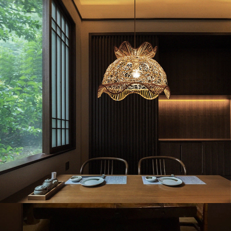 Margot - Plafonnier festonné en bois asiatique Lampe suspendue en rotin à 1 tête de style asiatique pour restaurant