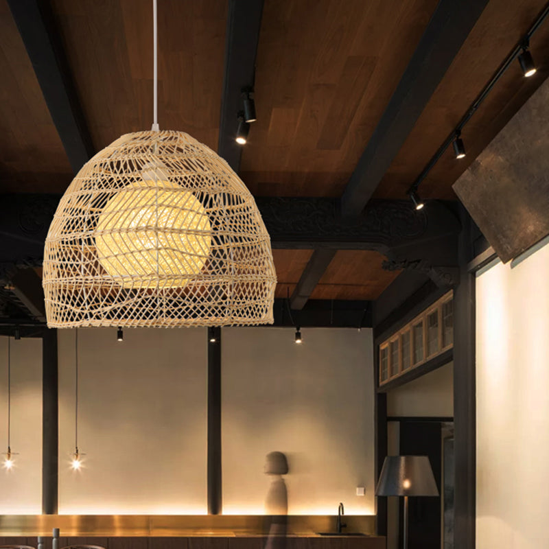 Simplicity 1-Light Rattan Bell Shade Pendant Light - Wood Suspension Lighting Fixture