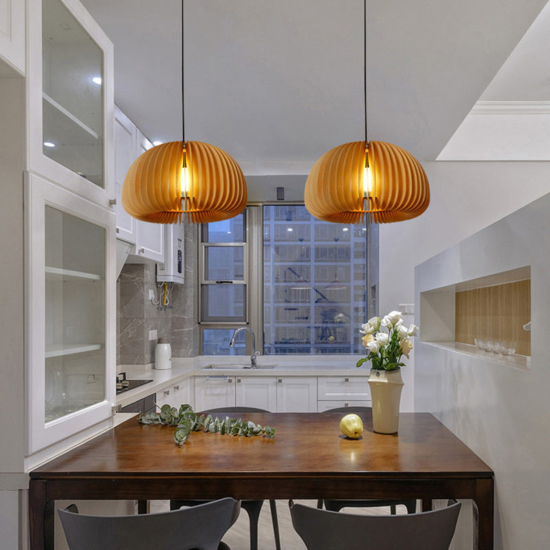 Asian Style Wooden Dome Ceiling Light – 1-Bulb Hanging Fixture for Restaurants