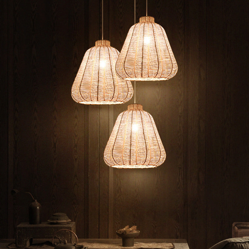 Asian-Style Rattan Hanging Lamp: Tapered Ceiling Lighting With Wood Frame - Ideal For Restaurants (1