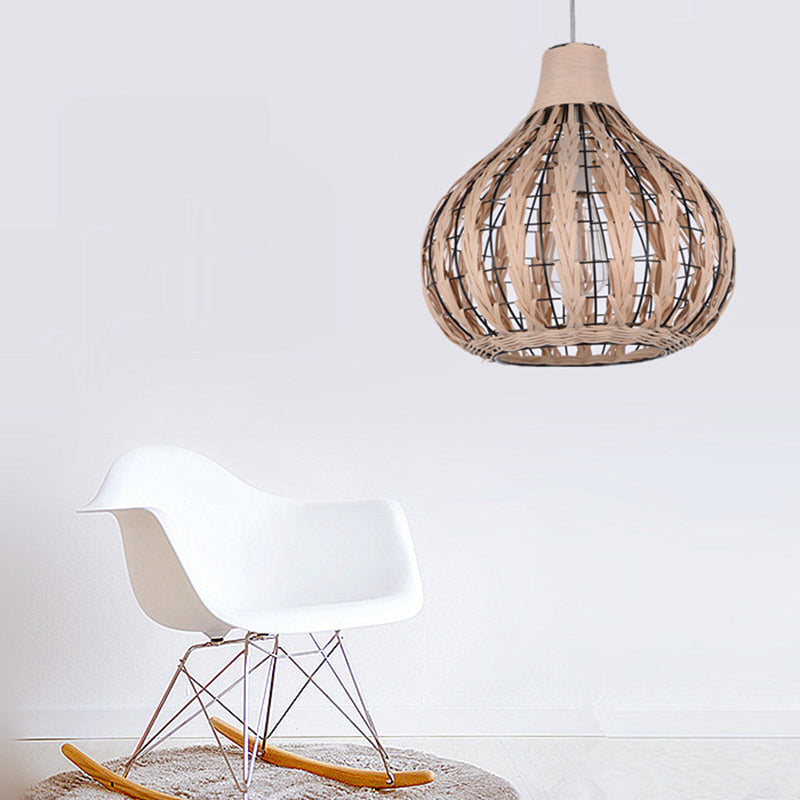Shaded Onion Ceiling Light - Asian Style Rattan Restaurant Hanging Fixture Wood