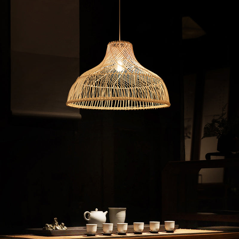 Contemporary Hat-Shaped Rattan Pendant Light – Tea Room Hanging Lamp in Wood Finish