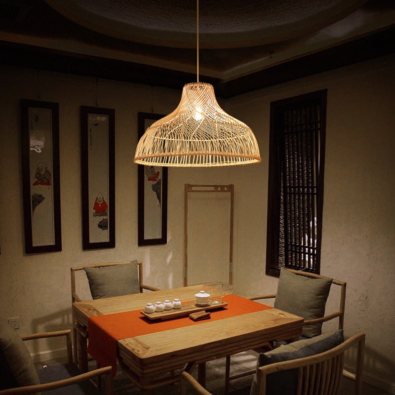Contemporary Hat-Shaped Rattan Pendant Light – Tea Room Hanging Lamp in Wood Finish