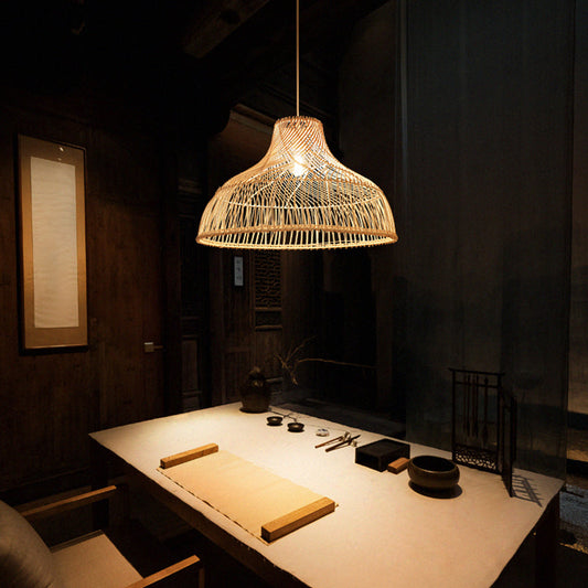 Contemporary Hat-Shaped Rattan Pendant Light – Tea Room Hanging Lamp in Wood Finish
