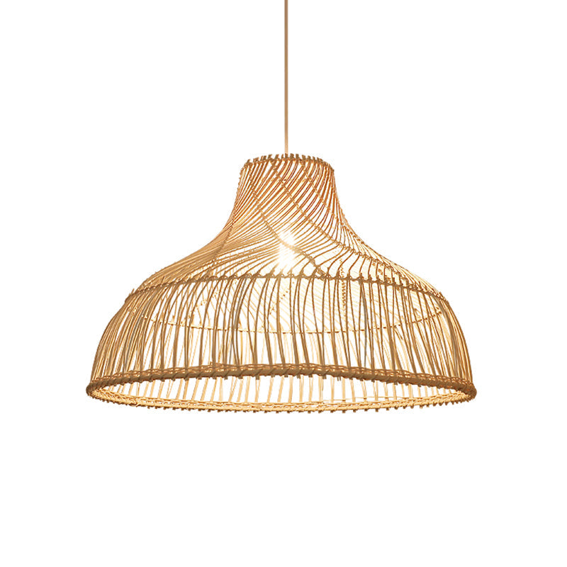 Contemporary Hat-Shaped Rattan Pendant Light – Tea Room Hanging Lamp in Wood Finish