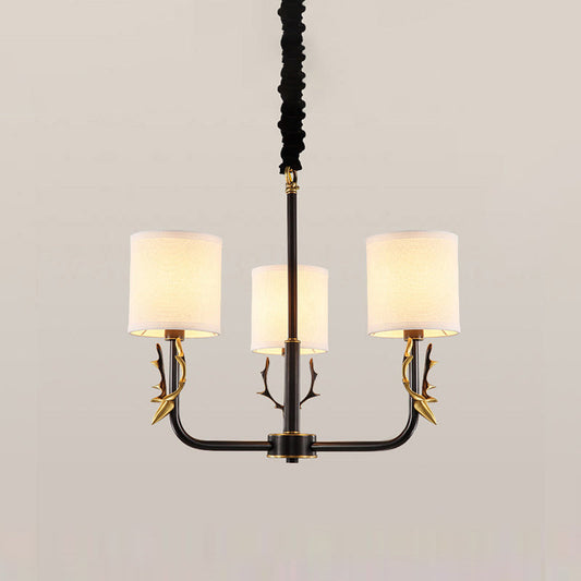Vintage Deer Accent Cylindrical Fabric Chandelier Pendant Light For Living Room 3 / Black