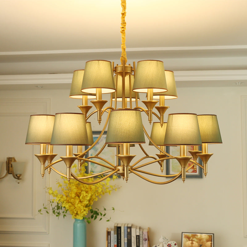 Minimalist Candlestick Chandelier: Metallic Pendant Light With Tapered Fabric Shade