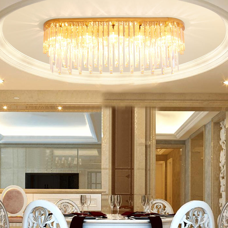 Contemporary Dining Room Ceiling Mounted Crystal Flush Mount Lamp - 10 Lights Golden Icicle, 23.5"/31.5" Width