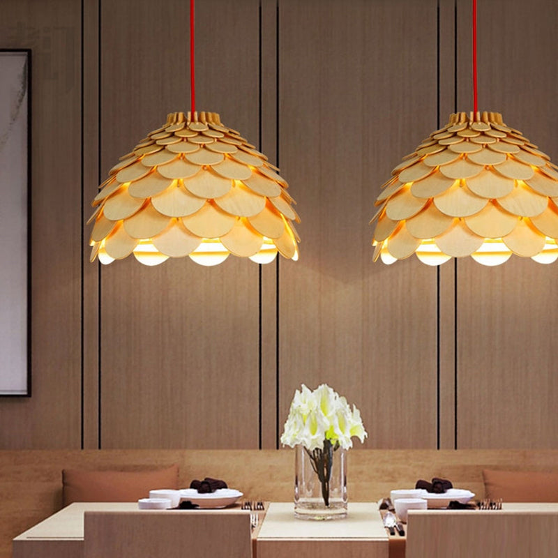 Simplicity Wood Pendant Light With Pinecone Shade For Tea Rooms