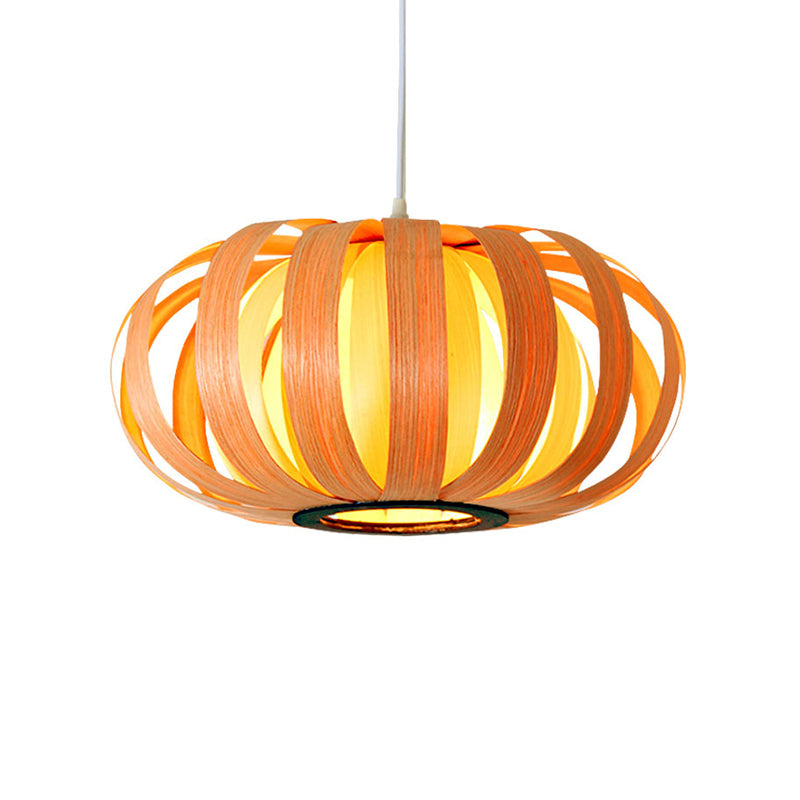 Modern Wood Pendant Light - Rounded Drum Shape Ideal For Restaurants
