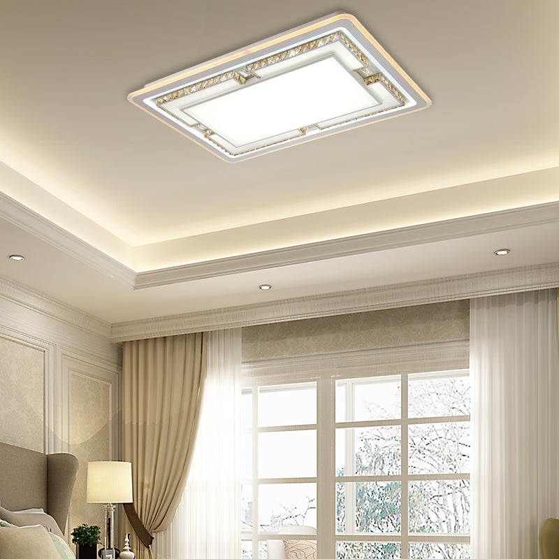White Crystal LED Ceiling Light Fixture - Minimalist Rectangular Flush Mount