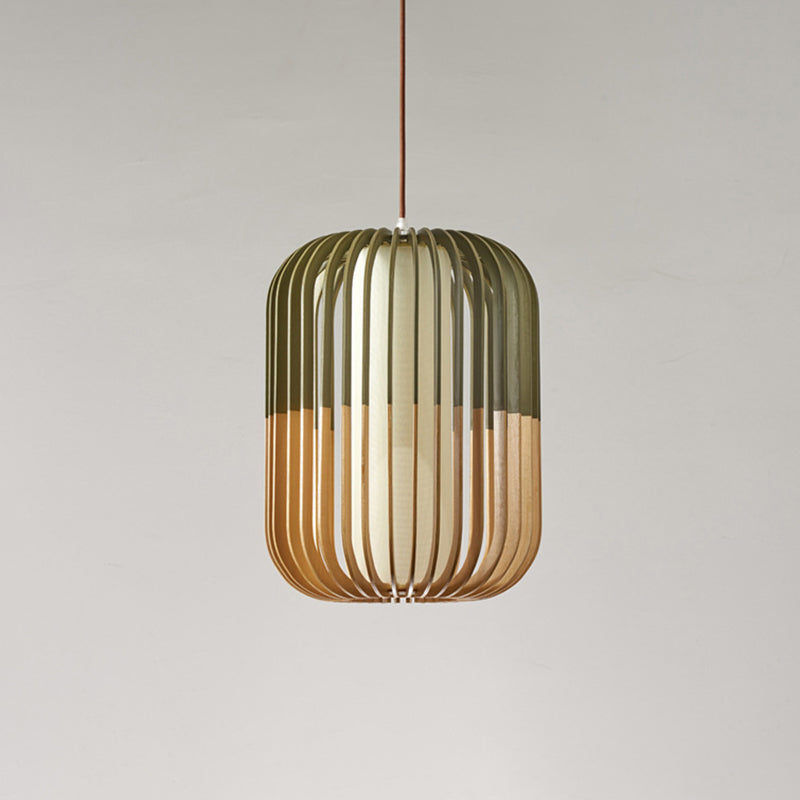 Modern Asian Bird Cage Ceiling Light - Wooden Single Pendant Lamp For Restaurants In Yellow-Green