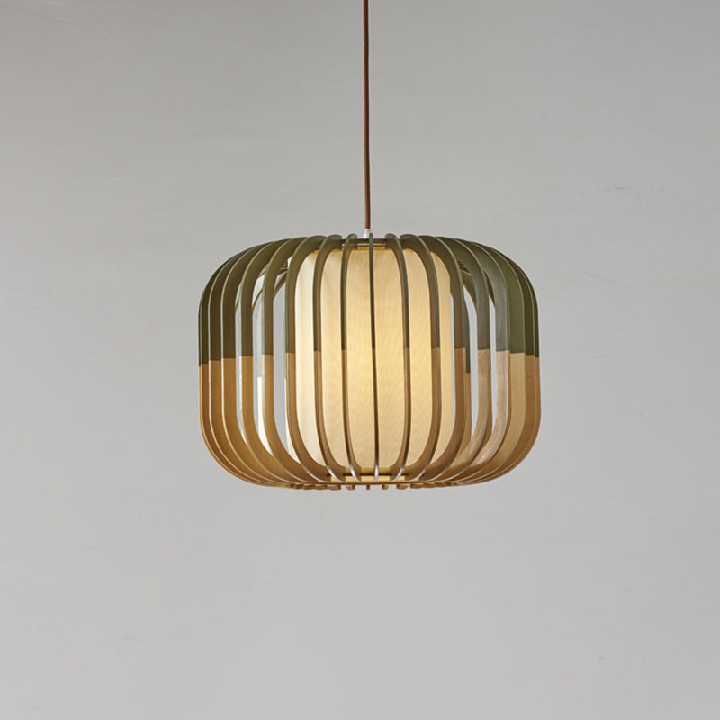 Modern Asian Bird Cage Ceiling Light - Wooden Single Pendant Lamp For Restaurants In Yellow-Green