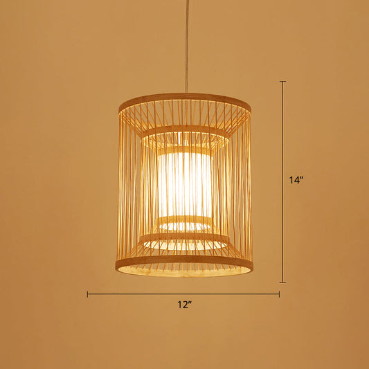 Simplicity Bamboo Tea Room Pendant Light: Cylindrical Suspension 1-Light Wood Fixture / 12
