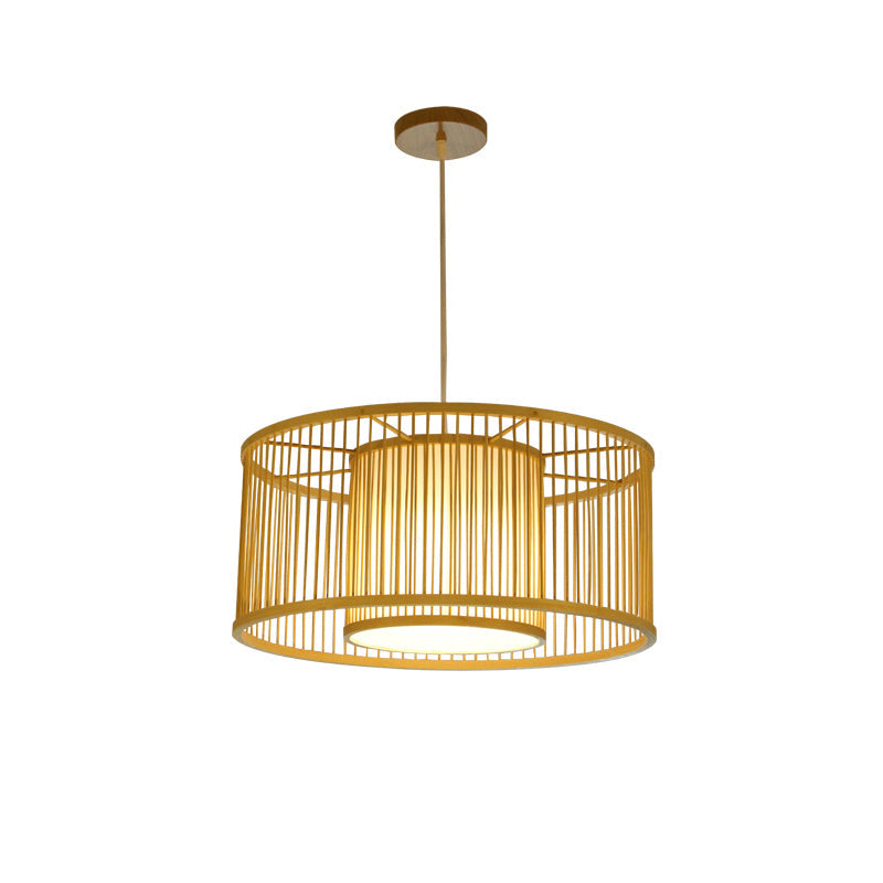 Minimalist Bamboo Drum Pendant Ceiling Light - Wood Finish Ideal For Restaurants