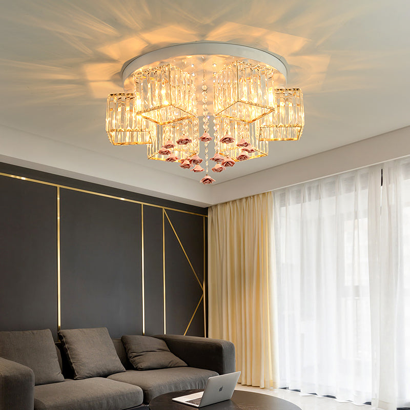 Modern Cubic Flush Mount Crystal Ceiling Light with Pink Rose Draping - 19.5"/23.5" Dia - 5/6 Heads - Living Room