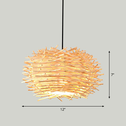 Contemporary Bamboo Pendant Light: Single-Bulb Wood Suspension Fixture / E