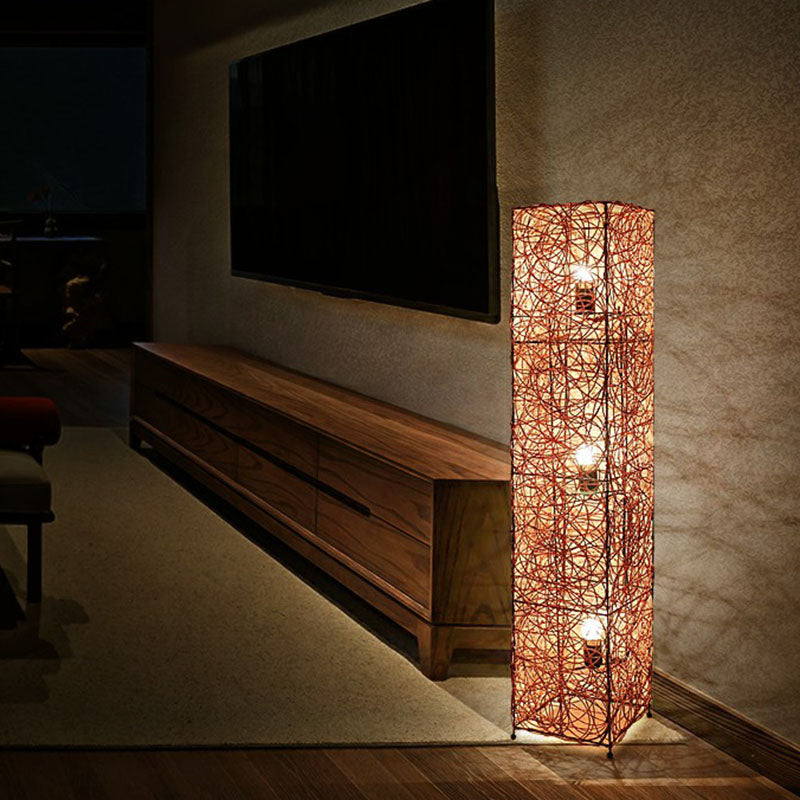 Handcrafted Asian Style Rattan Tea Room Floor Lamp With 3 Shade Heads