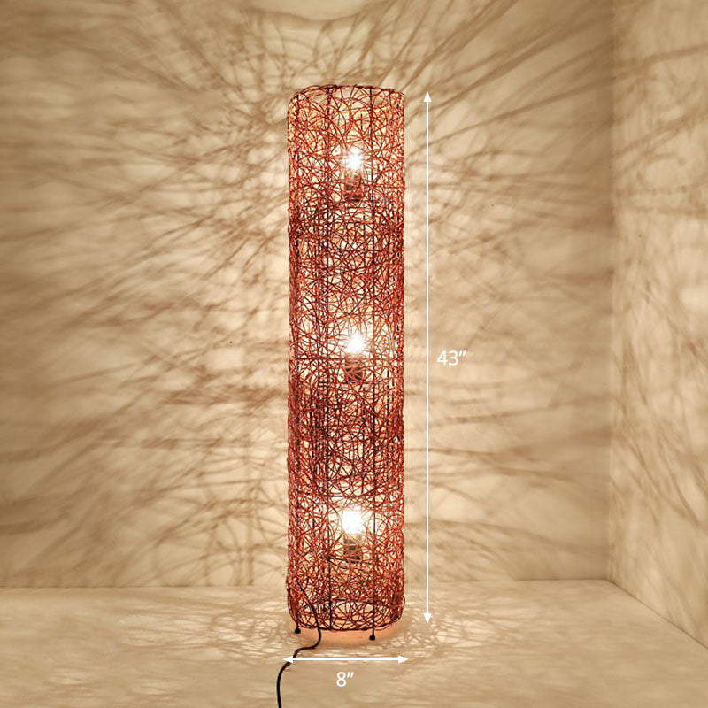 Handcrafted Asian Style Rattan Tea Room Floor Lamp With 3 Shade Heads Brown / Round