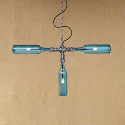 Antique Style Glass 3-Light Chandelier With Blue/Clear Bottle Shades - Restaurant Pendant Lamp Blue