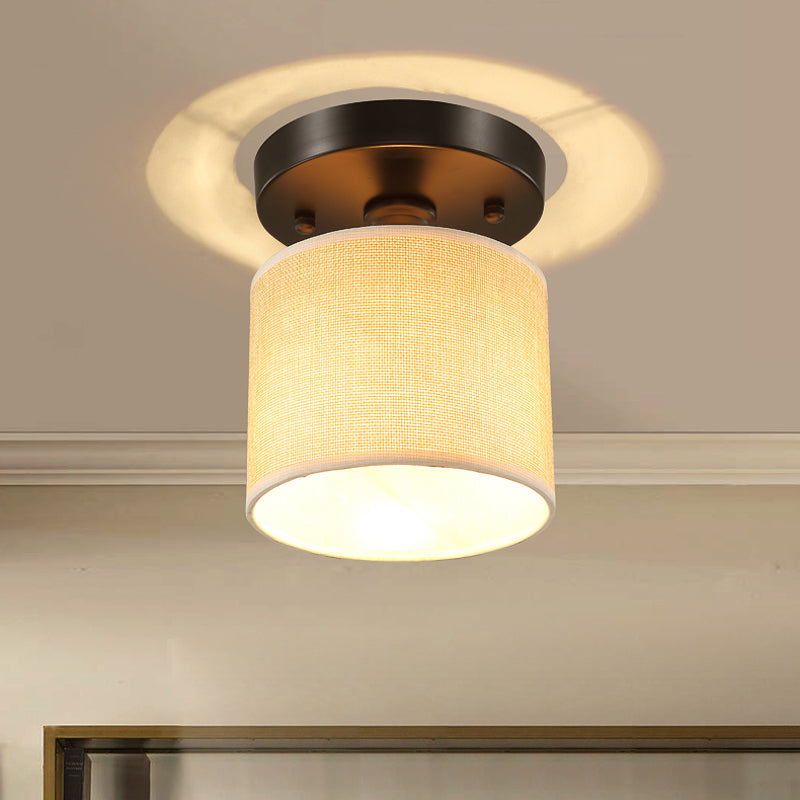 Beige Fabric Drum Semi-Flush Ceiling Light - Simple Single-Bulb Design