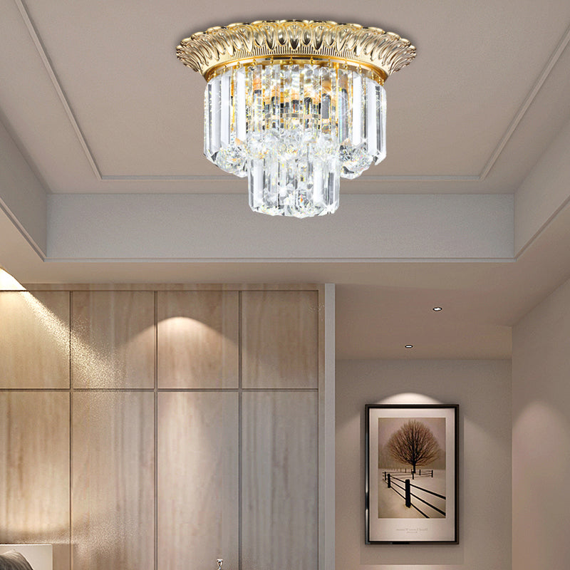 2-Tier Minimalist Crystal Flush Light with LED Golden Indoor Ceiling Lighting, 14"/16" Diameter