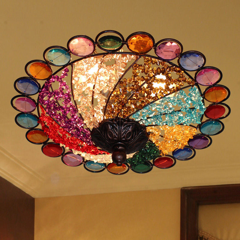 12"/16" Colonial Flared Ceiling Lamp: Multi Colored Plexiglass, 3-Light, Weathered Copper Finish, Flushmount
