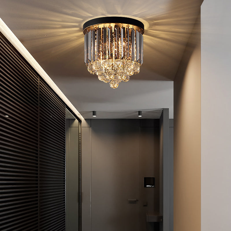 Plafonnier en cristal minimaliste - Plafonnier cylindrique noir pour couloir (10"/12"/16") avec 2/4/7 lumières