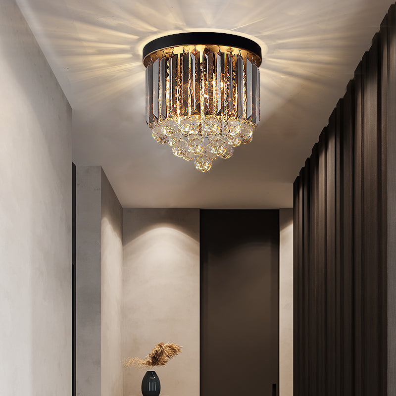 Plafonnier en cristal minimaliste - Plafonnier cylindrique noir pour couloir (10"/12"/16") avec 2/4/7 lumières