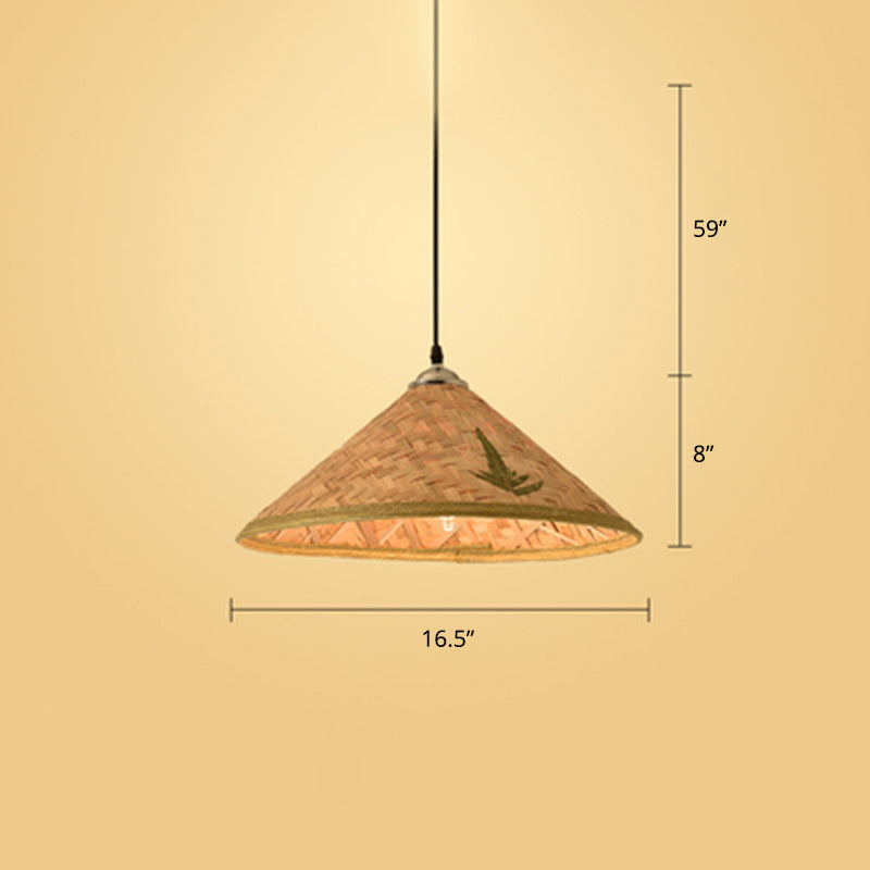 Contemporary Bamboo Pendant Light With Hat Shape: Single-Bulb Wood Suspension Fixture
