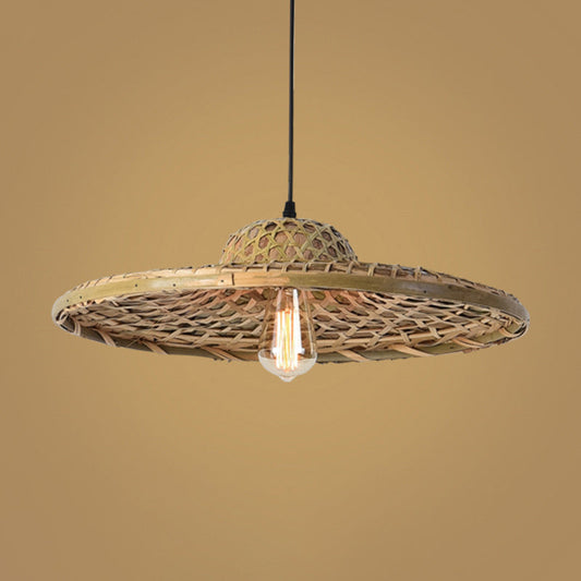 Simplicity Bamboo Pendant Light With Wood Straw Hat Suspension - 1-Light Lighting Fixture / A