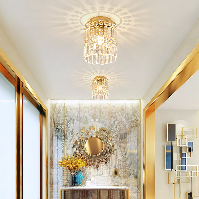 Simple Black/Gold Cylinder Crystal Ceiling Flush Mount - 1-Light Corridor Mini Flush Lamp