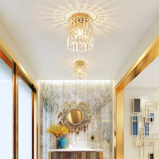 Simple Black/Gold Cylinder Crystal Ceiling Flush Mount - 1-Light Corridor Mini Flush Lamp