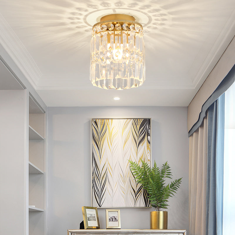 Simple Black/Gold Cylinder Crystal Ceiling Flush Mount - 1-Light Corridor Mini Flush Lamp