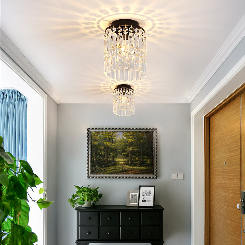 Simple Black/Gold Cylinder Crystal Ceiling Flush Mount - 1-Light Corridor Mini Flush Lamp
